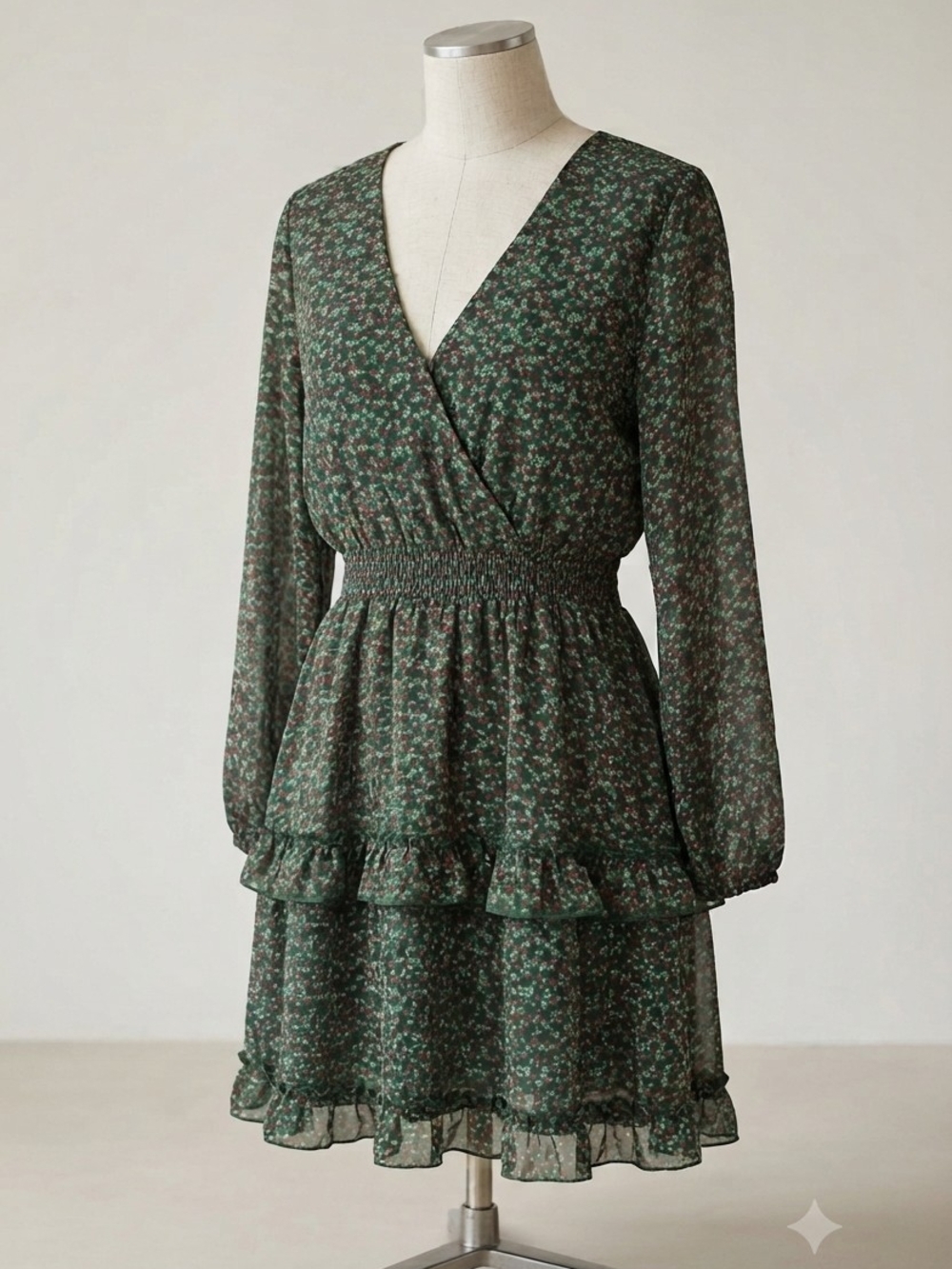 HESPERUS Floral Smocked Waist Long-Sleeve Dress in Forest Green Size M